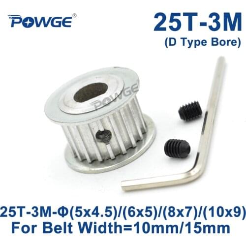 POWGE 25 Teeth HTD 3M Timing Pulley D Type Bore 5x4.5/6x5/8x7/10x9mm for Width 10/15mm 3M synchronous belt HTD3M 25Teeth 25T