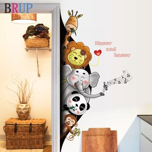 68*146cm Cartoon Animals 3D Wall Stickers for Kids Room Friendly Panda Elephant Monkey Wallpaper Creative Door Decoration
