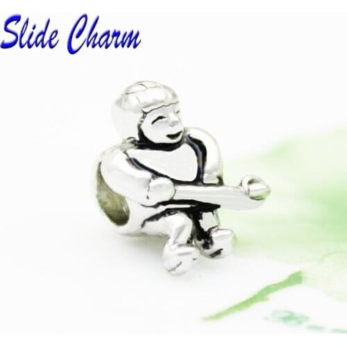 Slide charm Free shipping Ice hockey player charm beads fit Pandora bracelet