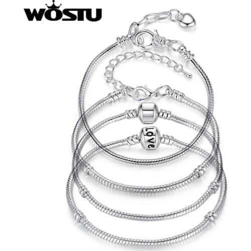 WOSTU Alloy Love Snake Heart Chain Bracelet Bangles Fit Original Charms Beads Pendant Women DIY Fashion Jewelry Making Gift