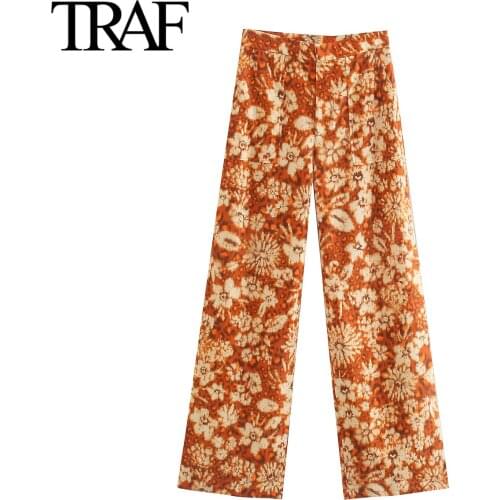 Traf Za Women Clothing High Waist Wide Leg Pants Korean Fashion Vintage Side Pocket Printed Trousers Mujer Pantalones