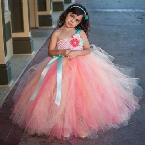 Girls Flower Dress Kids Prom Princess Dress Single Shoulder Ball Gown with Ribbon Bow Children Wedding Party Costume Tutus Dress