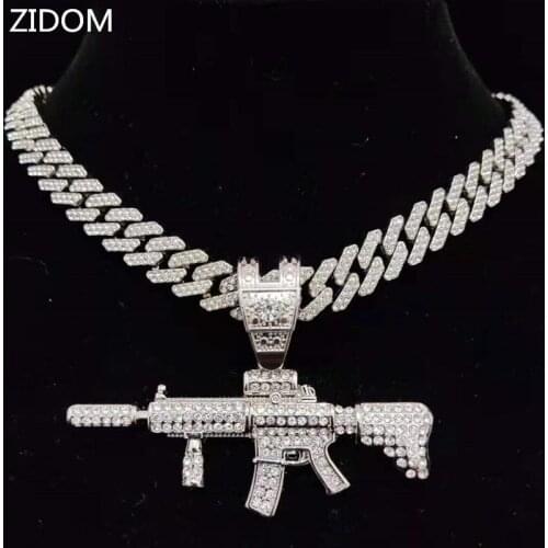 Men Women Hip Hop Iced Out Bling Submachine Gun Pendant Necklace with 12mm rhombus Cuban Chain HipHop Necklaces Fashion Jewelry