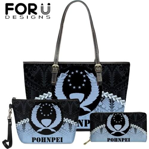 FORUDESIGNS Handbag Womens Leather Blue Pohnpei Flag Tribe Design Ladies Shoulder Bags Long Purse Small Make Up Pouch Wholesale