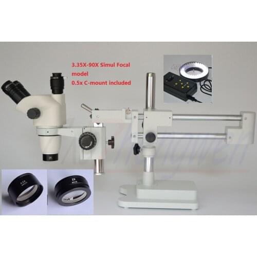 FYSCOPE 3.35X-90X ! DOUBLE BOOM STAND TRINOCULAR SIMUL FOCAL HEAD INSPECT STEREO ZOOM MICROSCOPE+64PCS LED