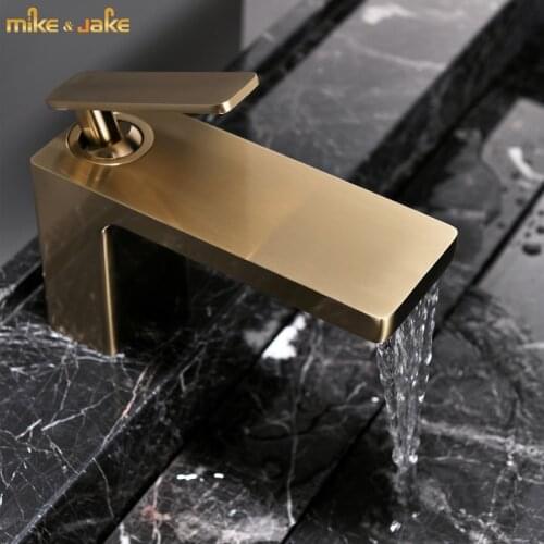 Gold brush brass faucet bathroom square mixer hot and cold bathroom frosted gold crane water faucet waterfall style black faucet