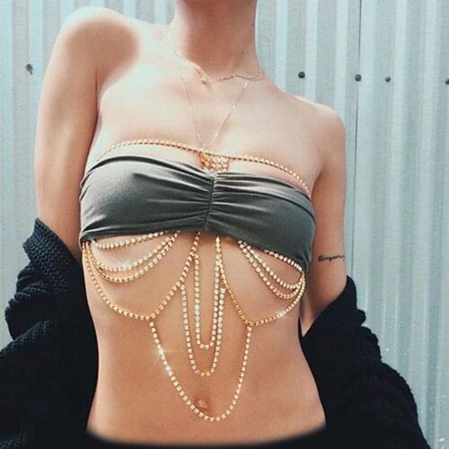 Fashion Beach Shiny Rhinestone Multilayer Chest Chain Body Jewelry Sexy Ladies Nightclub Bikini Bra Body Chain Accessories