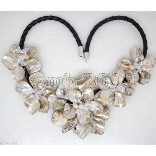 Fashion jewelry Free Shipping Hand Woven Yellow Shell 5 Flowers Pearl Crystal Black Leather Bib Necklace 18"