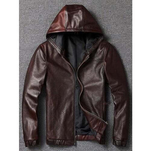 Mens Genuine Cowhide Leather Jacket Brown Hooded Fashion Slim Leather Jacket Motorcycle Leather Coat Plus Size M-5XL