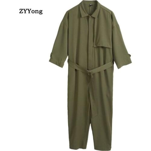 Tide Brand Retro Casual Short-Sleeved Jumpsuit Mens Personality Jumpsuit Men ArmyGreen Ankle Length Trousers