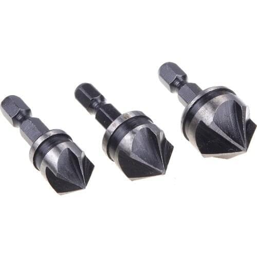 3 Pcs/Set 12/16/19 MM Countersink Bore Set 1/4" Hex Shank 5 Flutes Chamfer Bit Woodworking Countersink Bore Set #82676