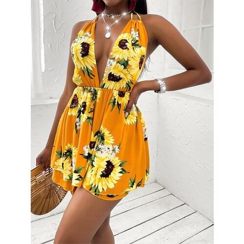 Summer 2021 New Womens Sunflower V-neck Backless Casual Dress Elegant Cotton Blended One-piece Short Print Princess Skirt