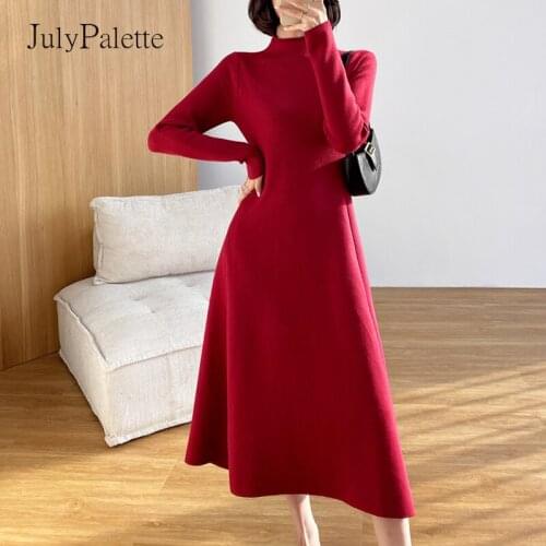 JulyPalette Autumn Winter Thick Sweater Dress Women Long Sleeve A-line Knit Dress Elegant Ladies Slim High Waist Sweater Vestido