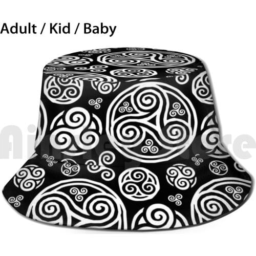 White Triskels On Black Bucket Hat Adult kid baby Beach Sun Hats Triskel Triskele Breton Bzh Breizh Bretagne Irish Kelt