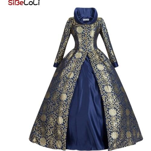 Medieval Renaissance Blue Floral Printed Brocade Gothic Victorian Period Dress Ball Gown Reenactment Theatrical Costumes