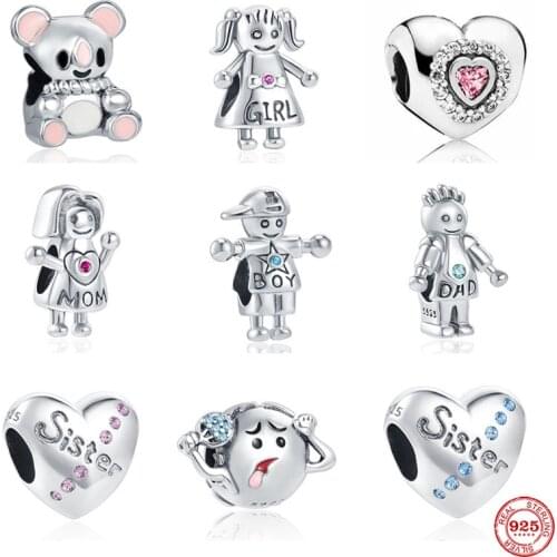 Authentic mom dad girl boy sister bear heart DIY beads fit original Pandora charms silver 925 Bracelet for women fashion jewelry