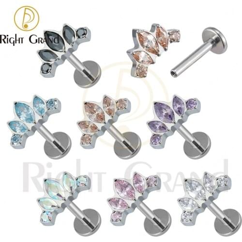 Right Grand Implant Grade Titanium ASTM F136 Bezel Set CZ Marquise Fan Cluster Cartilage Helix Piercing Labret Studs