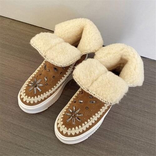 PXELENA 2020 Winter Brand New Cow Suede Crystal Snow Boots Women Thick Sole Platform Warm Fur Plush Ankle Boots Non Slip Shoes