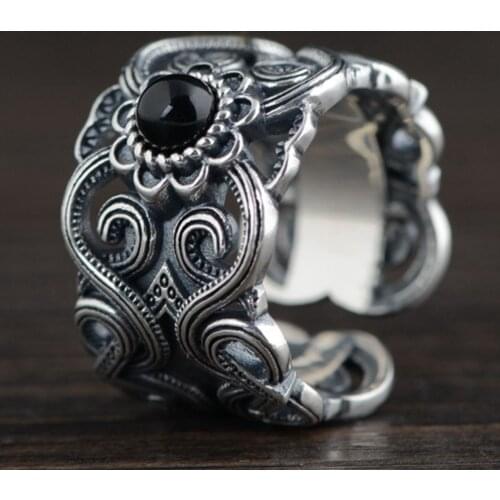 Luxury 925 Jewelry Sterling Silver Inlaid Agate Resizable Rings For Men Women On Fingers S925 Silver Flower Signet Ring Gifts
