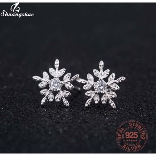 Shuangshuo 925 Sterling Silver Earrings Crystal Snowflake Earrings Fashion Jewelry for Women Girls Christmas Ear Stud Gift 2021