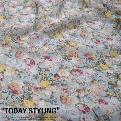 Silk Chiffon Fabric Dress Large Wide Greyish Blue Broken Flower Beauty Real Silk Crinkle Yarn clothing Cloth DIY patchwork