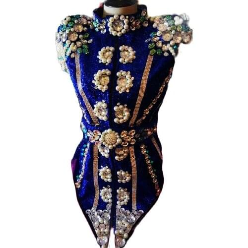 Rhinestones Sequins Pearl Two-Piece Suit Embellished Beaded Costume Turtleneck Top Shorts Party Evening Costume Women Dance Wear
