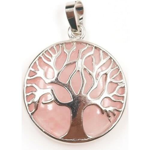 FYJS Unique Anniversary Gift Silver Plated Tree of Life Round Shape Pendant Natural Rose Pink Quartz Jewelry