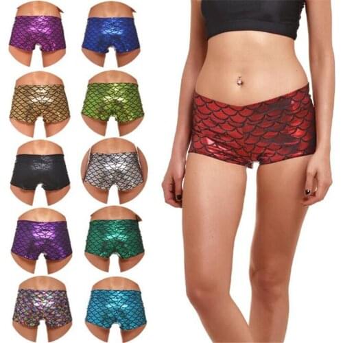 VIIANLES Mermaid Skinny Candy Color Sexy Dance Shorts Patent Leather Clubwear Fish Scale Shorts Mini Mujer