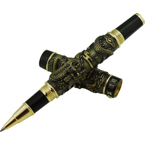 Jinhao Vintage Luxurious Rollerball Pen Double Dragon Playing Pearl, Metal Carving Embossing Heavy Pen Bronze for Collection