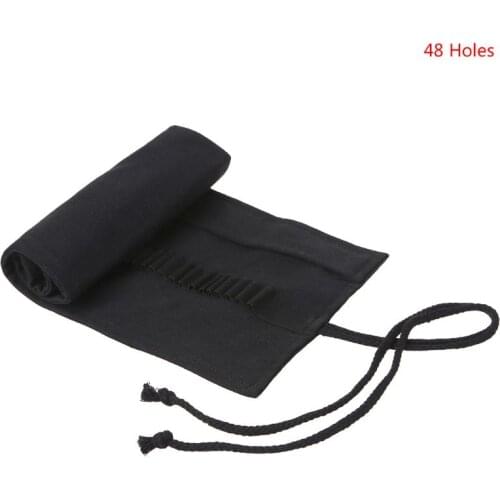 W3JD Black Color School Pencil Case Roller 12/24/36/48/72 Holes Canvas Roll Up Makeup Canvas Pen Bag For Girls Boys Stationery