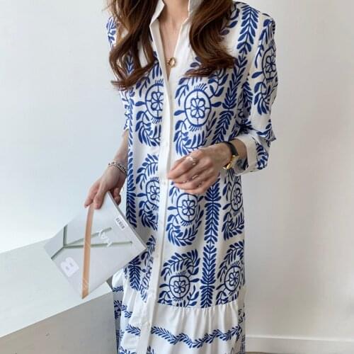 2021 Dresses Chic Vintage Blue V Neck Long Sleeve Print Single-Breasted Shirt Dress Women Long Fashion Clothing Vestido Casual
