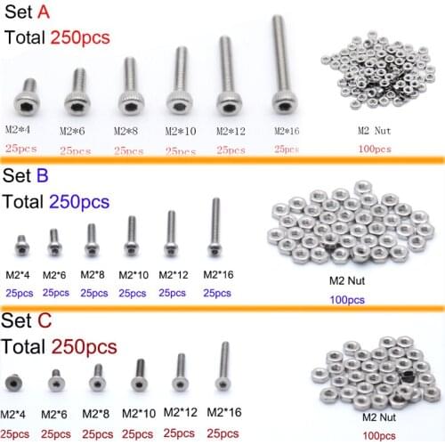250pc/set A2 Stainless Steel M2 Cap/Button/Flat Head Hex Socket Screws Bolt With Hex Nuts Assortment Kit Mayitr