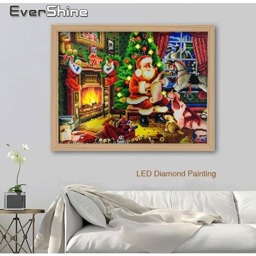EverShine LED Light Diamond Painting Round Drill Diamond Embroidery Santa Claus Home Decor With Frame Diamond Mosaic Christmas