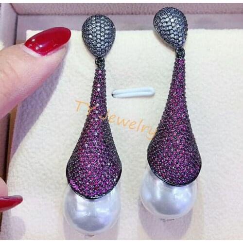 Noble jewelry a pair 10-12mm Baroque white pearl micro inlay crystal zircon earring 925 Sterling Silver accessory