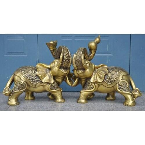 20"old Chinese brass Feng shui auspicious wealth Ruyi coin Yuanbao Elephant Pair
