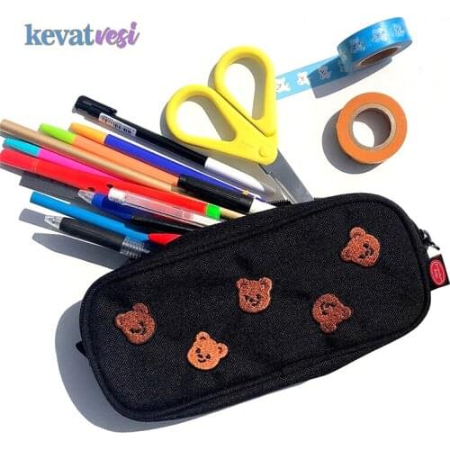 Bear Embroidery Canvas Pencil Bag Kawaii Pencil Bag Cartoon Students School Supplies Kids Gift Cosmetic Stationery Pouch