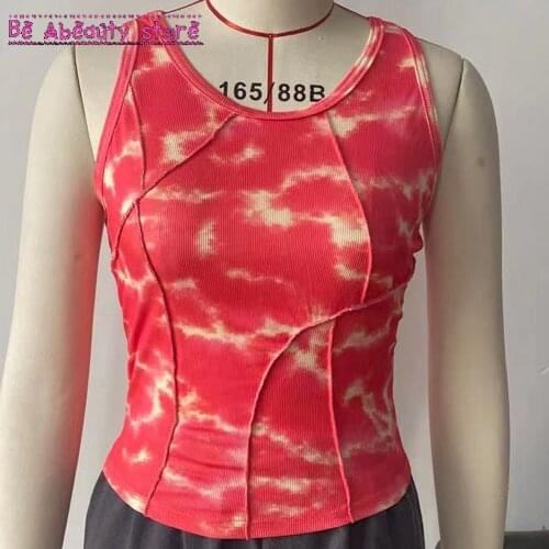 Stitched Tie Dye Print Crop Tops Women Casual Off Shoulder Knit Basic Summer Party Y2k Sexy Tank Fashion Sleeveless Tops