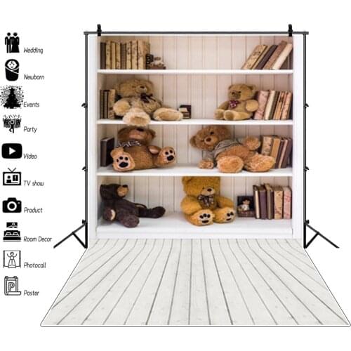 Laeacco Shelf Bears Plush Toys Books Wooden Floor Photography Backgrounds Baby Portrait Photographic Backdrops Newborn Photozone