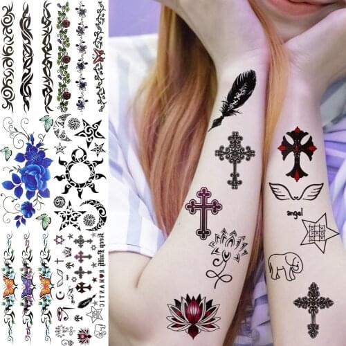 Jesus Christ Cross Feather small Temporary Tattoos For Kids Children Finger Fake Tattoo Tribal Totem Flower Vine Sticker Tatoos