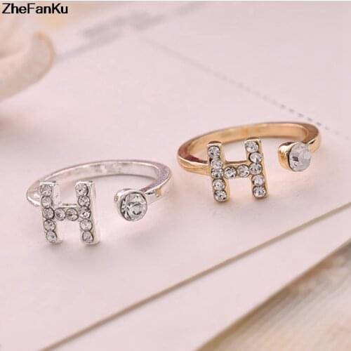 Fashion Simple H Letter Ring For Women Sweet Temperament Gold Colour Alloy Natural Stone Rhinestone Jewelry Gifts
