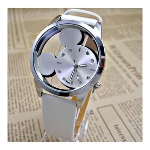 Fashion Mickey Watches Transparent Hollow Dial Leather Ladies Dress Quartz Wristwatches Girl Favorite Gift Kobiet Zegarka
