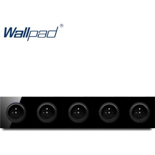 Wallpad Crystal Tempered Pure Black Glass Panel 16A 5 EU French Standard Wall Power Socket Outlet Grounded