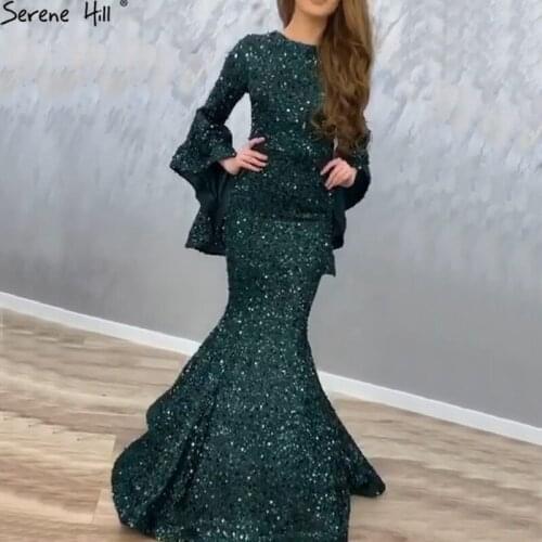 Latest Design Green Mermaid Luxury Evening Dresses 2020 Dubai Sequined Long Sleeves Sparkle Formal Dress LA60973