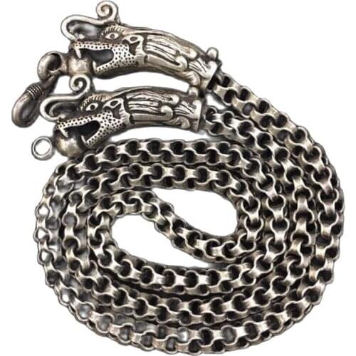 Chinese Old Tibet Silver Carving Tibetan Silver double head Necklace