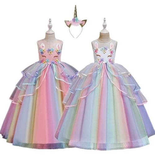 2020 Unicorn Flower Girls Dress Kids Party Wedding Dress Children Long Gown Princess Dress Elegant clothing