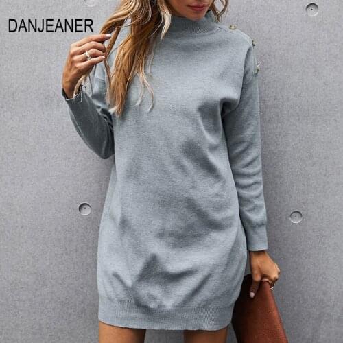 DANJEANER Turtleneck Knitted Dress Women Autumn Gray Sheath Sweater Dresses Women Mini Casual Long Sweater Female New