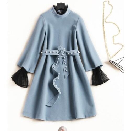 Clearance sale European and American womens 2018 winter clothing new The horn sleeve collar Nail bead belt cloth dress