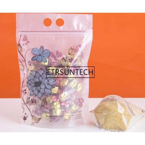 Matte Clear Stand Up Seal Self Bag With Print Lotus Plastic Handle Packaging Cute Food Snack Gift Pouches 300pcs