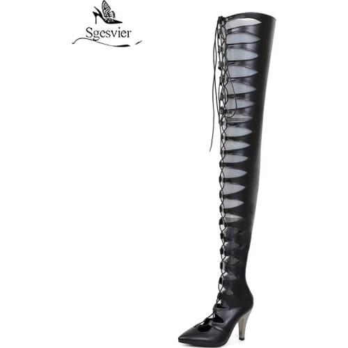 Sgesvier Womens Punk Gladiators Over Knee Full Length Real Leather Sandals Boots Cut Out Roman Shoes Retro High Heel Black Sexy