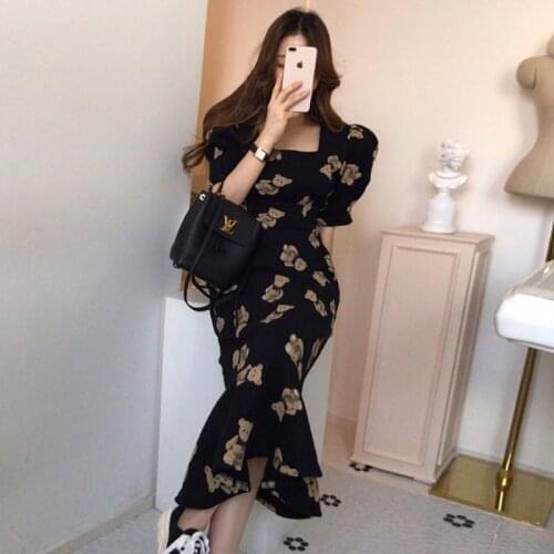 South Korea chic and elegant teddy bear printing waist dress